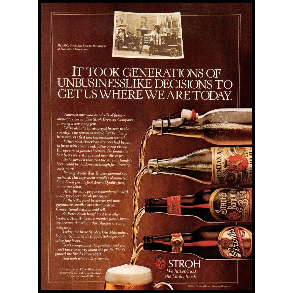 1984 Stroh Beer Vintage Print Ad Antique Bottles Bar Man Cave Wall Art Photo